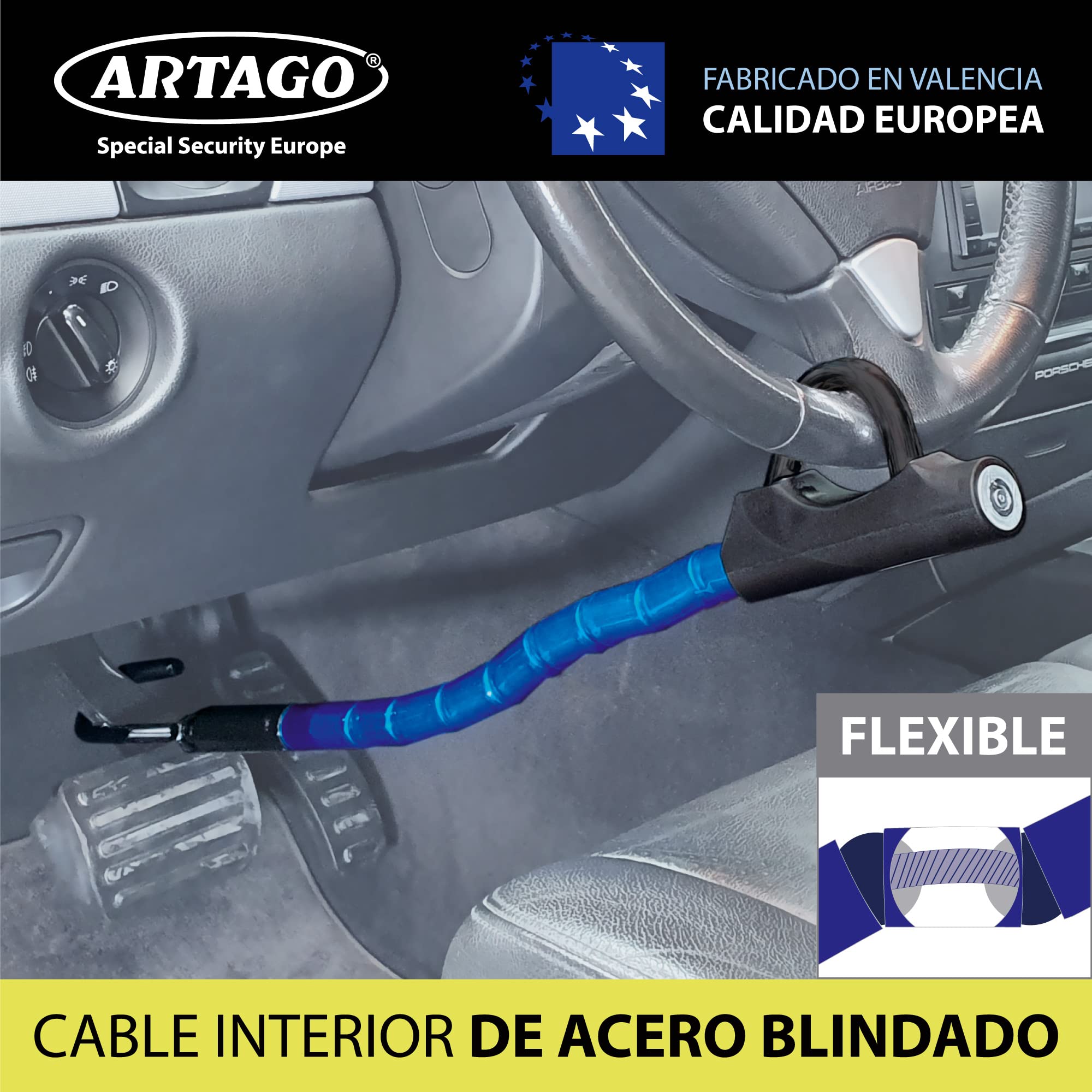 artago-880-antirrobo-coche-alta-gama-barra-volante-pedal-flexible-cable-acero-bl image 2